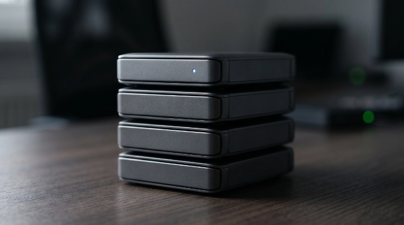 External backup hard drives stacked on a desk