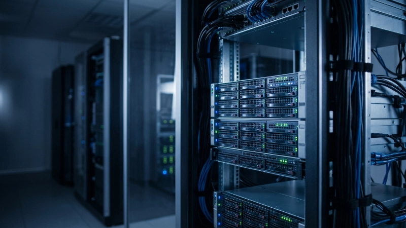 Modern data center server rack with status indicator lights