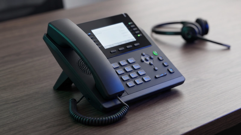 Modern business VoIP desk phone with a wireless headset