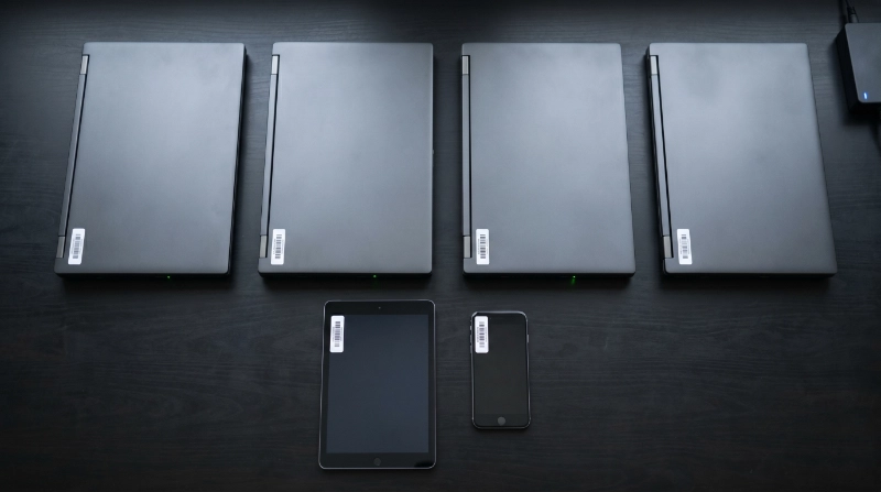 Corporate IT hardware laid out for inventory with asset tags